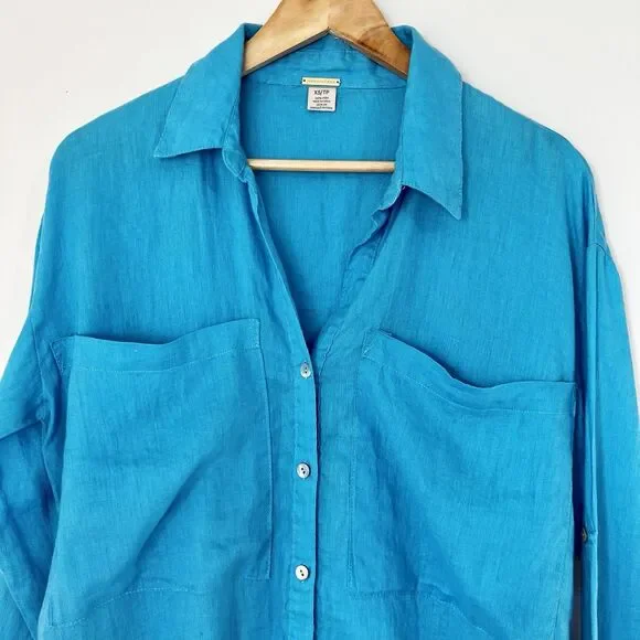 Magaschoni Turquoise Blue Button Up Shirt 100% Linen Boxy Women’s XS - Picture 3 of 9